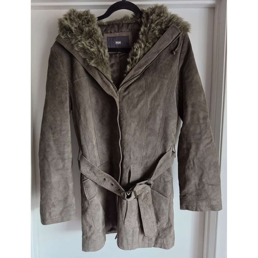 TCM Women Leather Coat Size 36/38 Brown Hooded Faux Fur Penny Lane Bohemian